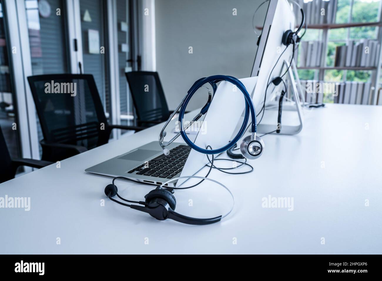 Headset and doctor equipment at clinic ready for actively support for