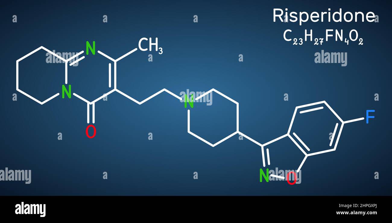 Risperidon molecule. It is antipsychotic medication, used to treat of schizophrenia, bipolar mania, psychosis, depression. Structural chemical formula Stock Vector