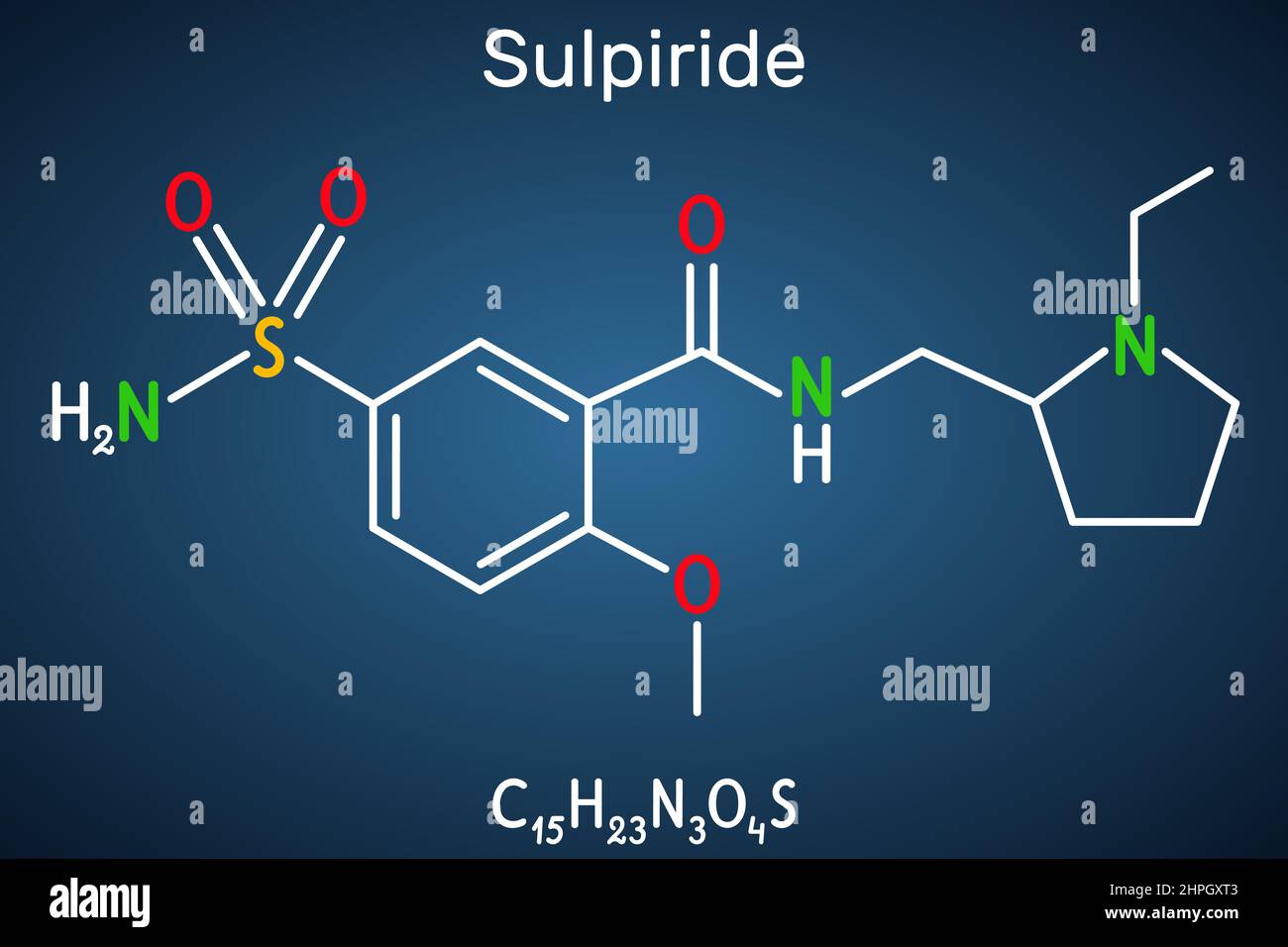 Sulpiride molecule. It is antipsychotic, neuroleptic medication for the treatment of acute and chronic schizophrenia. Structural chemical formula on Stock Vector