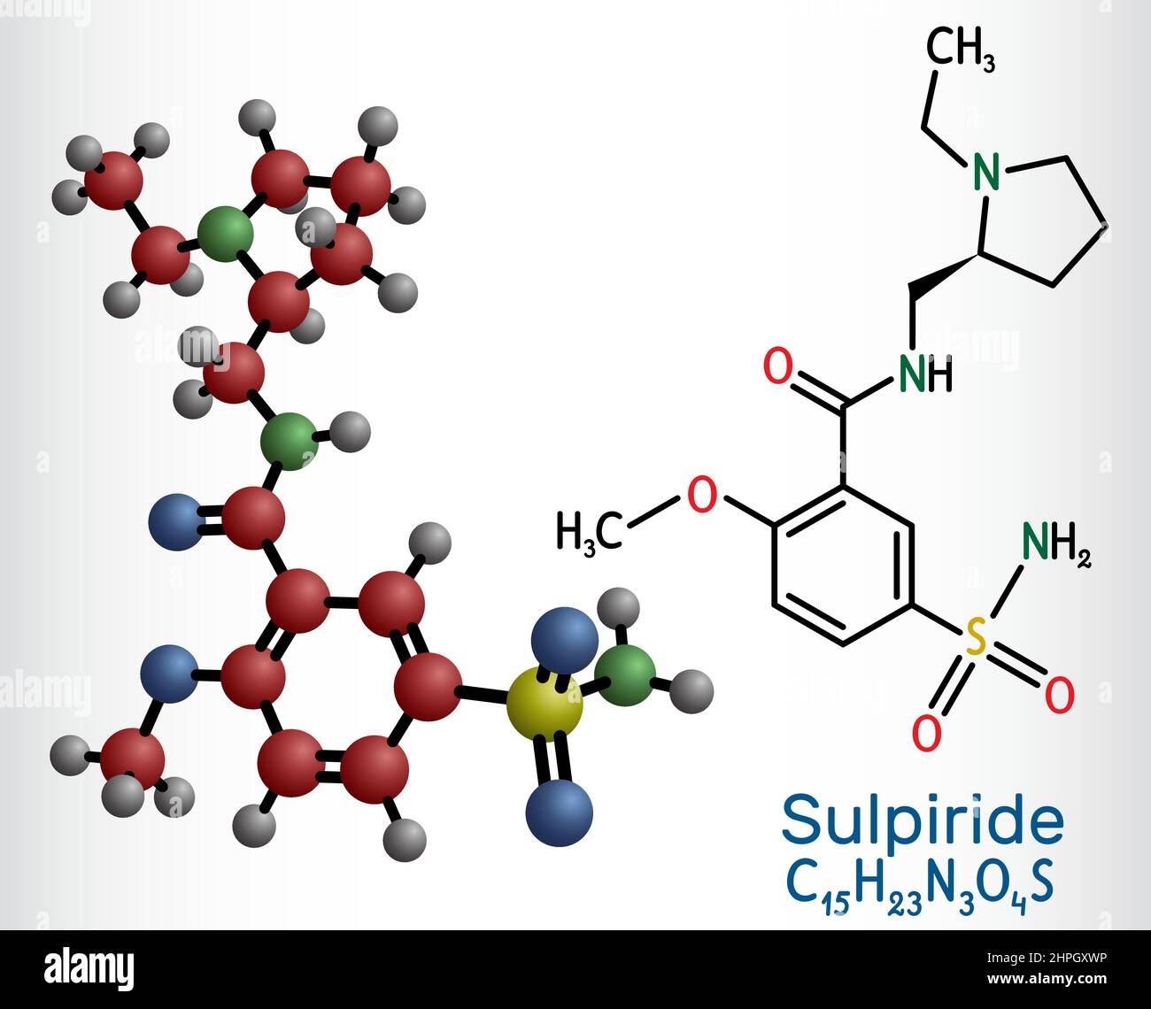 Sulpiride molecule. It is antipsychotic, neuroleptic medication for the treatment of acute and chronic schizophrenia. Structural chemical formula and Stock Vector
