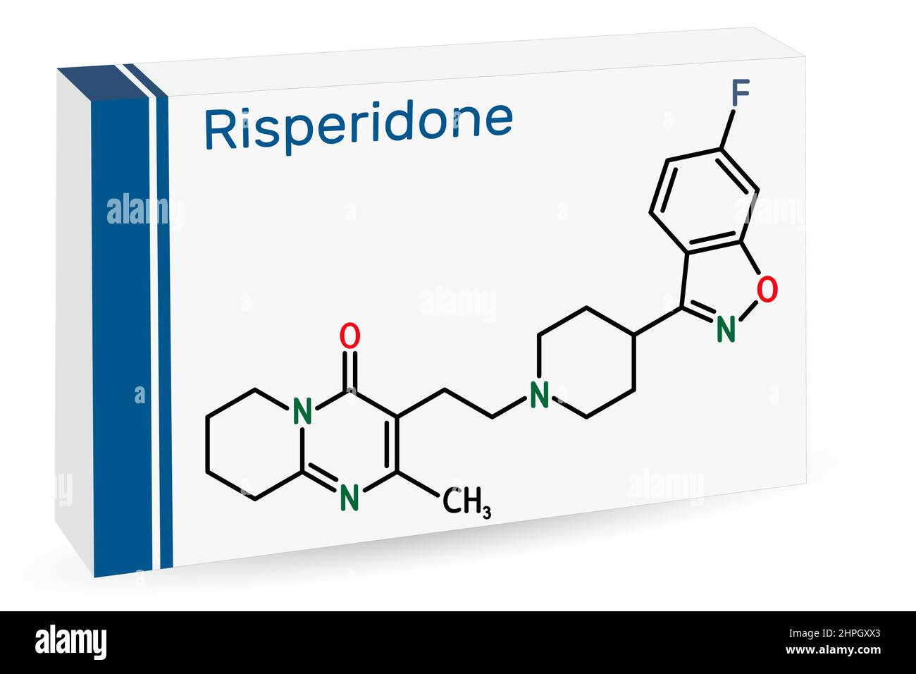 Risperidon molecule. It is antipsychotic medication, used to treat of schizophrenia, bipolar mania, psychosis, depression. Skeletal chemical formula Stock Vector