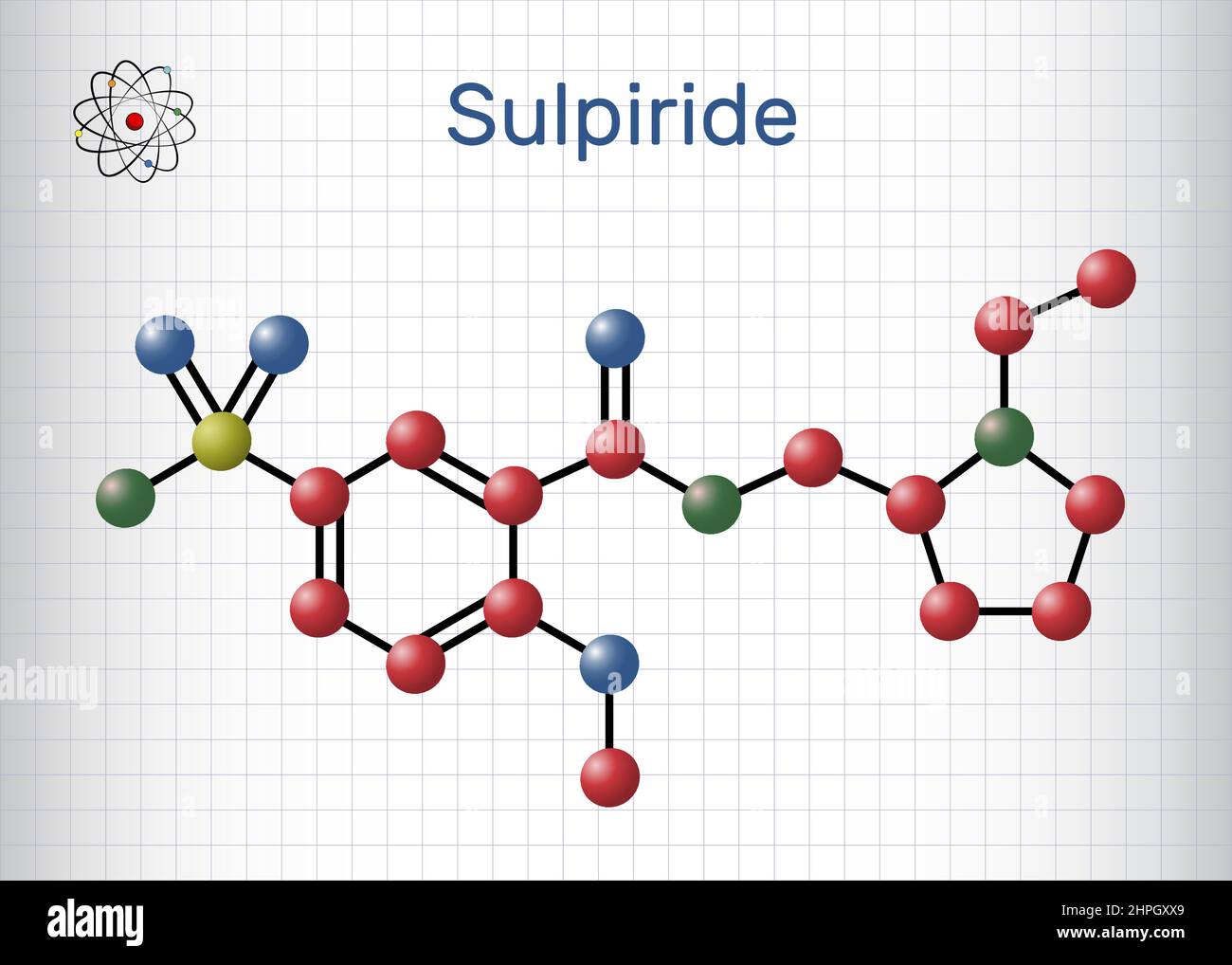 Sulpiride molecule. It is antipsychotic, neuroleptic medication for the treatment of acute and chronic schizophrenia. Molecule model. Sheet of paper Stock Vector