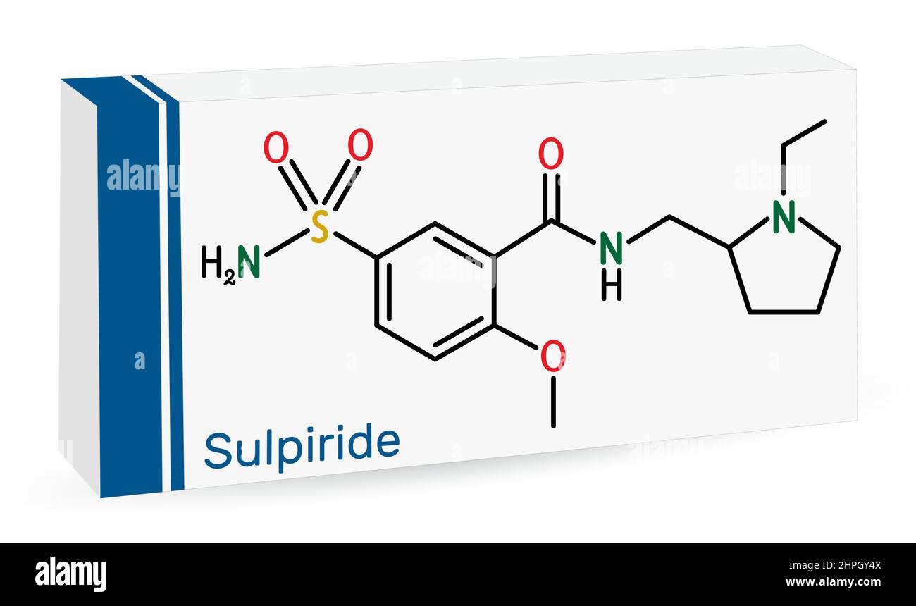 Sulpiride molecule. It is antipsychotic, neuroleptic medication for the treatment of acute and chronic schizophrenia. Skeletal chemical formula. Paper Stock Vector