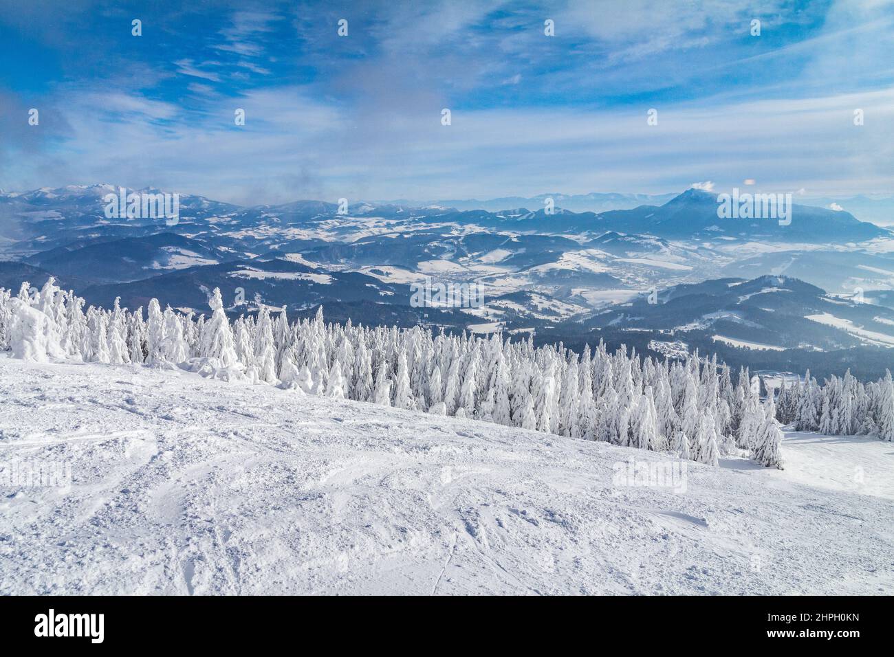 Beautiful scenery of the snowy winter landscape. View from Kubinska hola mountain in Slovakia, Europe. Stock Photo