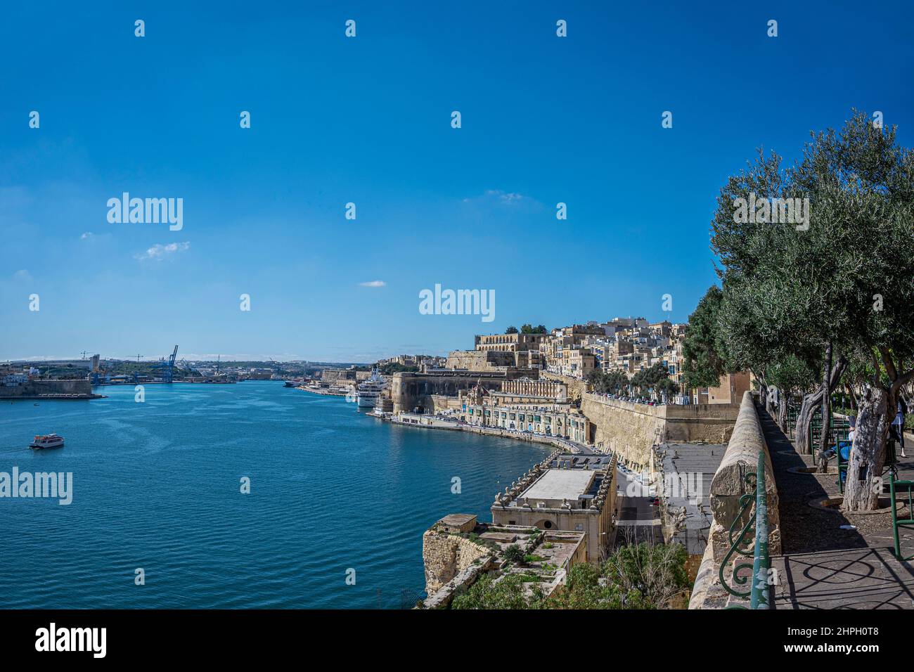 Panoramic view of city wall and harbor in Valletta, Malta. Stock Photo