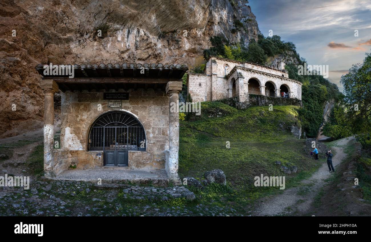 The hermitage Santa Maria de la Hoz and the roman bridge in the village of Tobera. Burgos. Spain Stock Photo