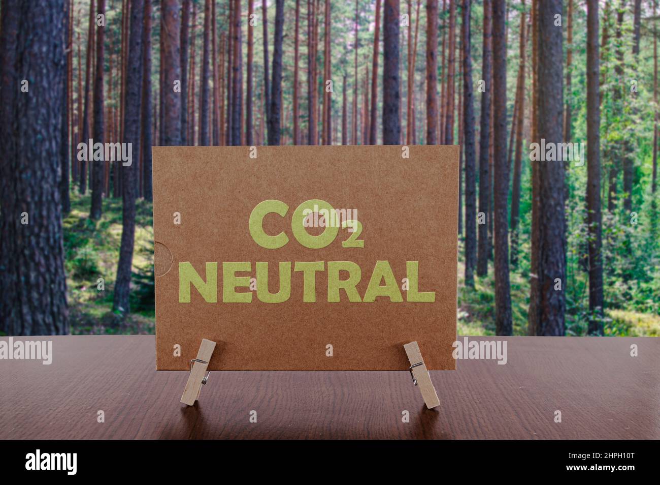 CO2 Neutral text on card on the table with pine forest background. Stock Photo