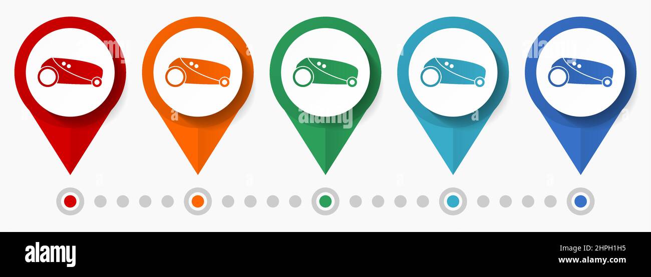Robot mower concept vector icon set, flat design lawnmower pointers, infographic template easy to edit Stock Vector