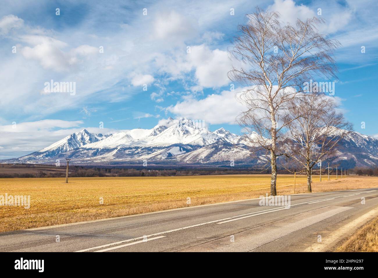 Road through the landscape with snowy mountains in the background. High Tatras National Park, Slovakia, Europe. Stock Photo