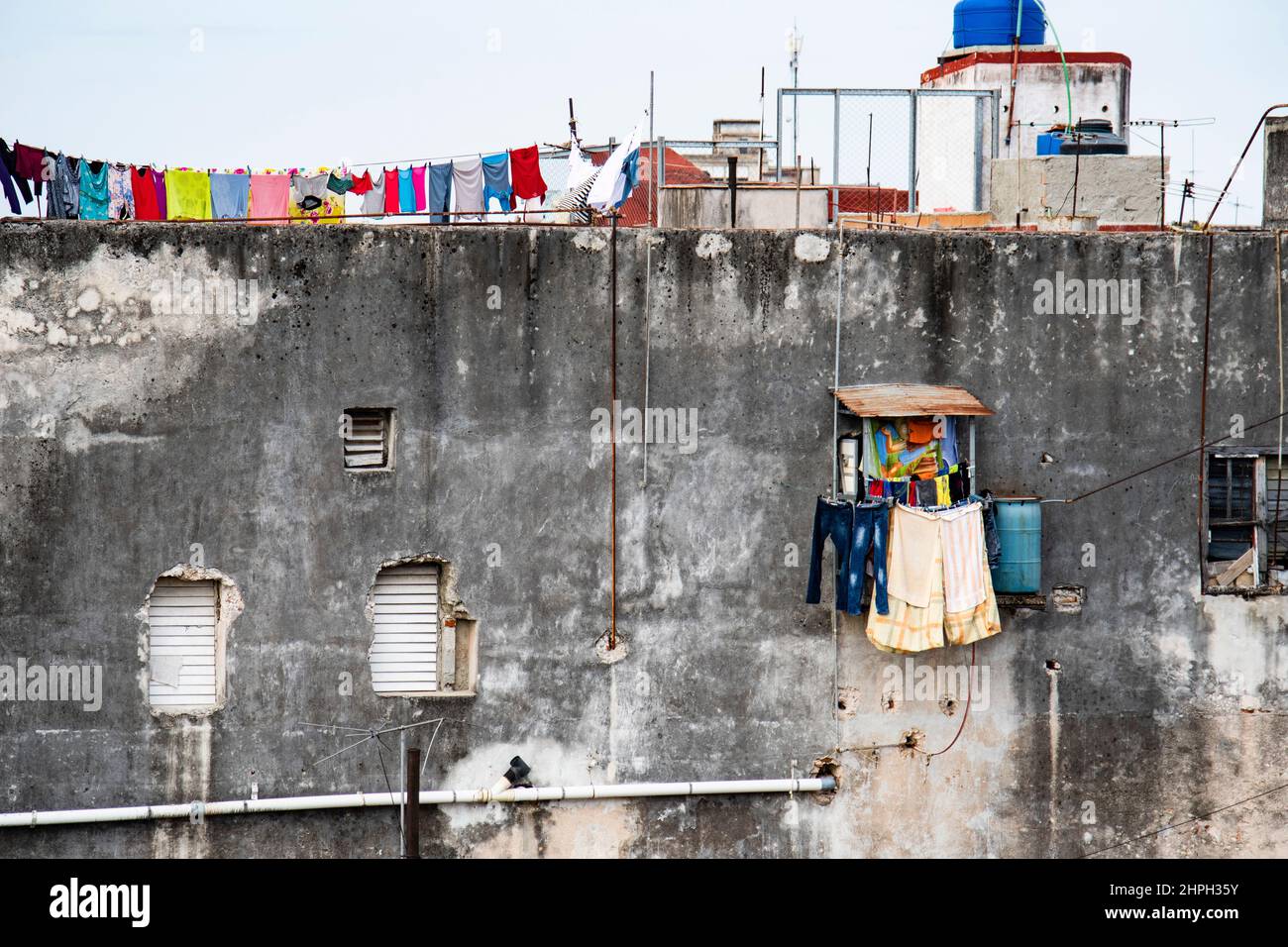 Laundry handing and drying at a building in Havana, Cuba. Stock Photo