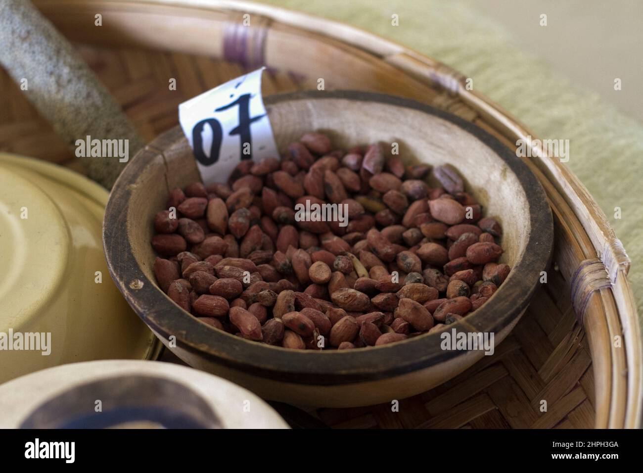Roasted nuts are seen displayed as part of a food competition on