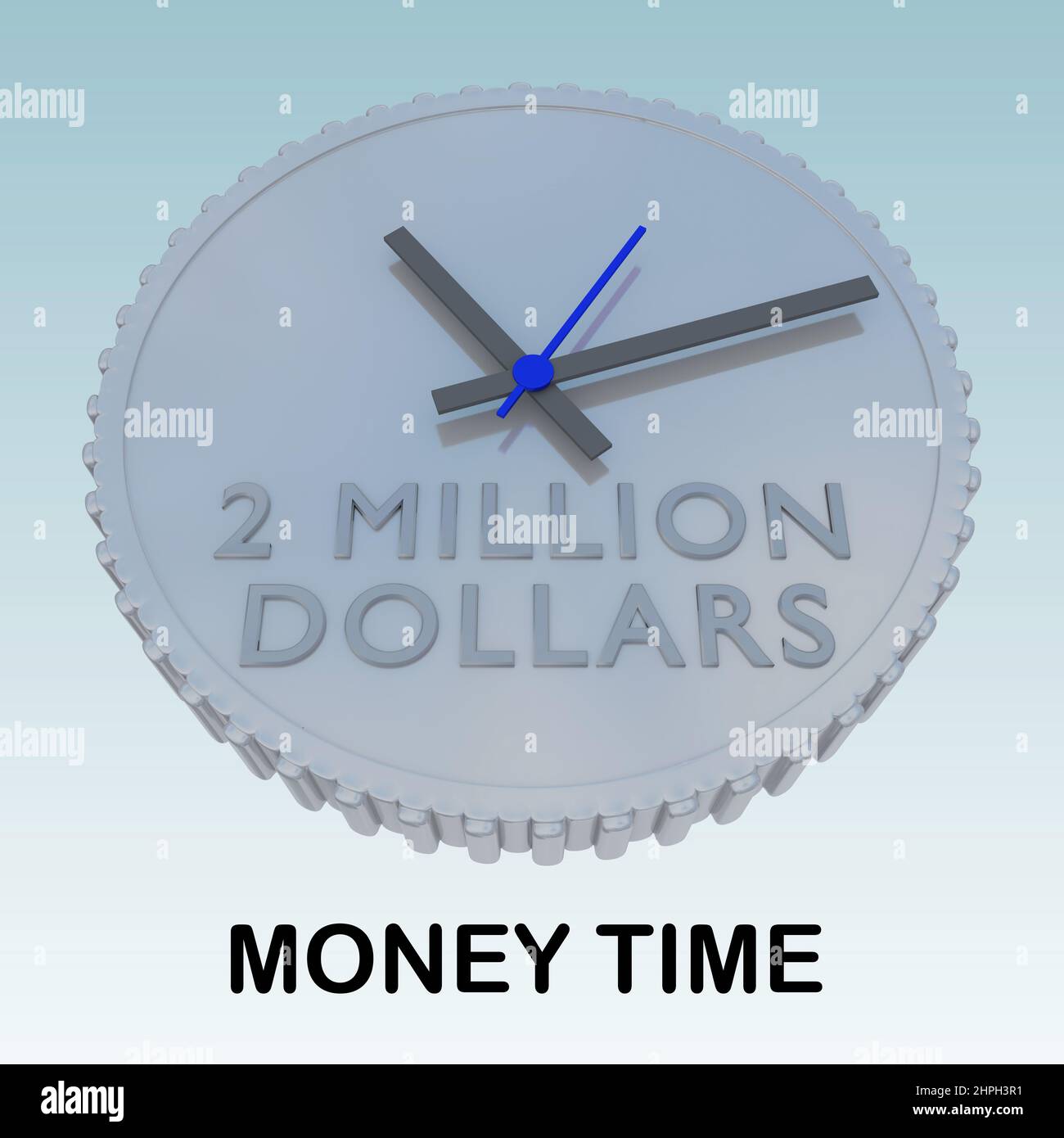 3D illustration of a silver coin with clock on a two million dollars