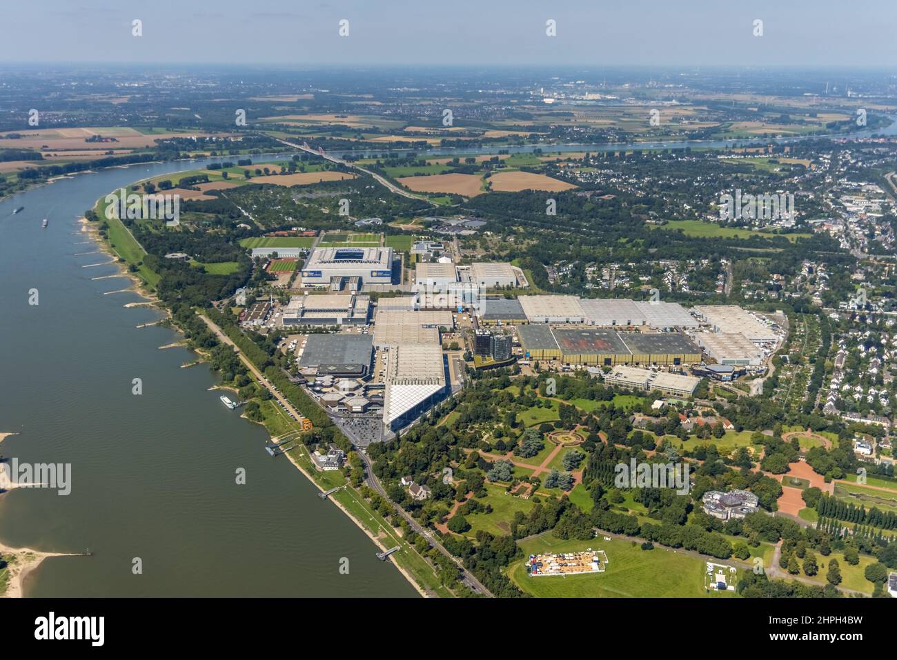 Aerial view, area of the fairground Düsseldorf as well as Merkur Spiel-Arena national league stadium in the district Stockum in Düsseldorf, Rhineland, Stock Photo
