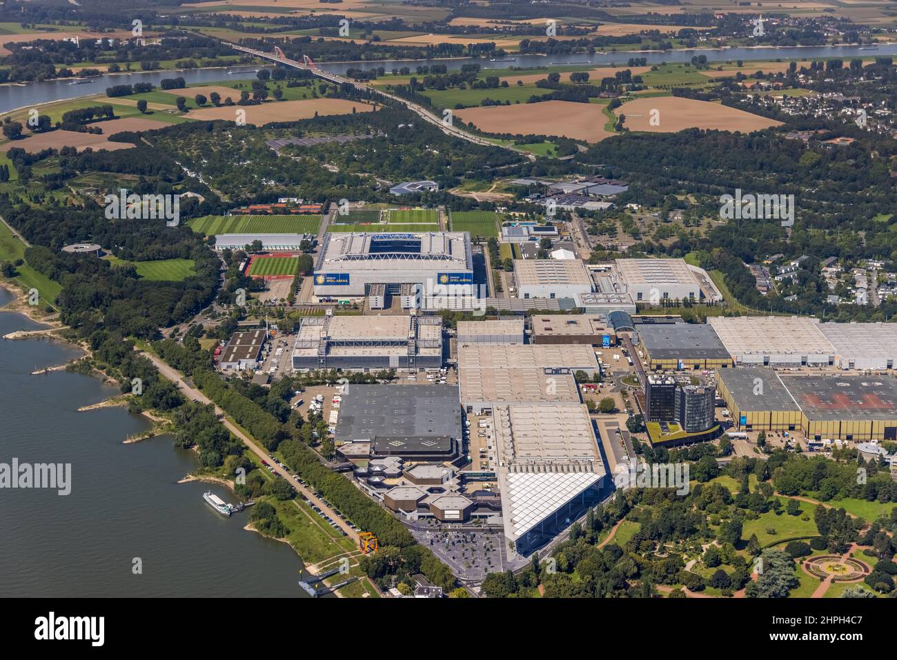 Aerial view, area of the fairground Düsseldorf as well as Merkur Spiel-Arena national league stadium in the district Stockum in Düsseldorf, Rhineland, Stock Photo