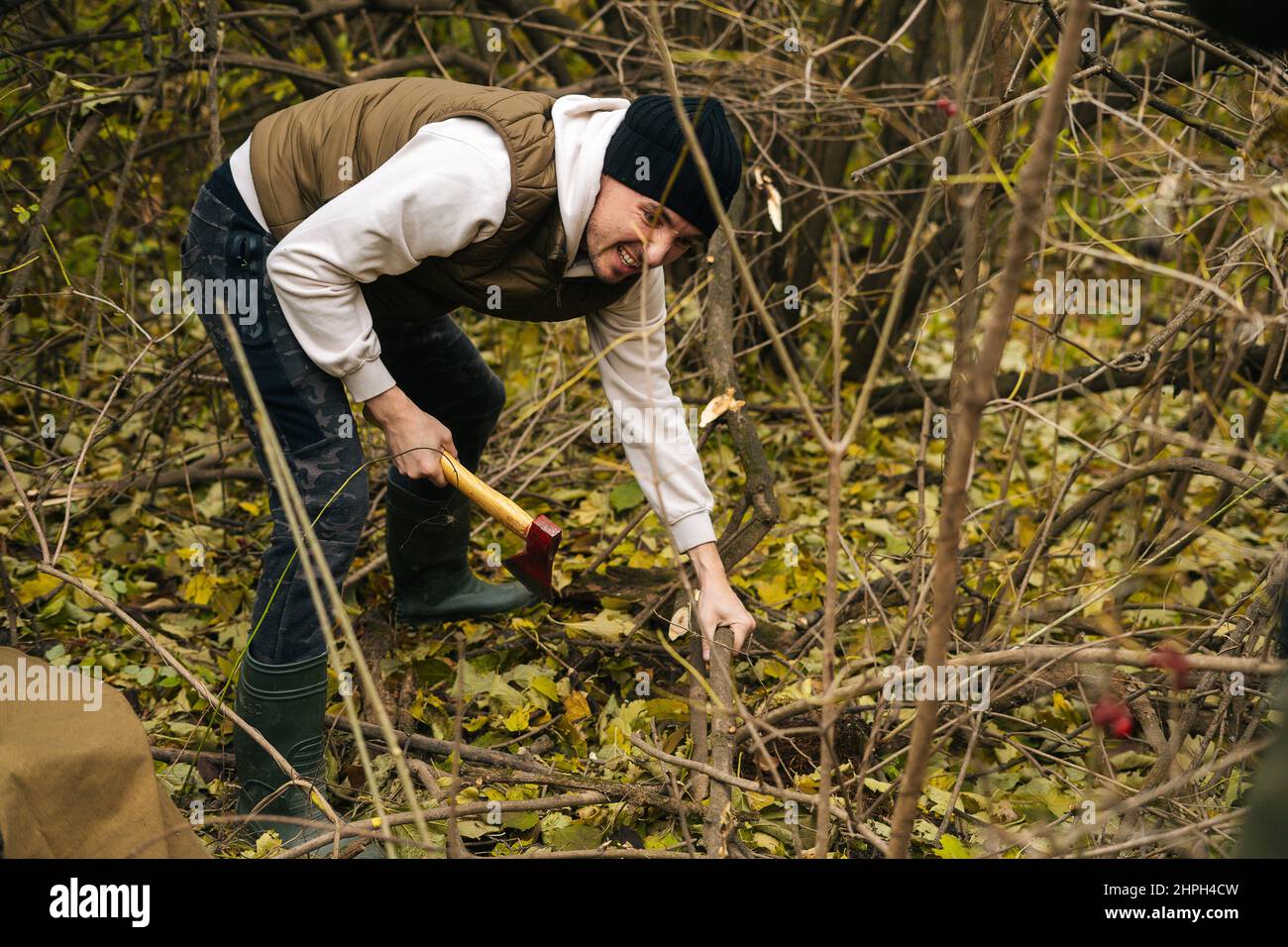 Tired tourist male wearing warm clothes chopping firewood with axe in forest on overcast cold day. Stock Photo