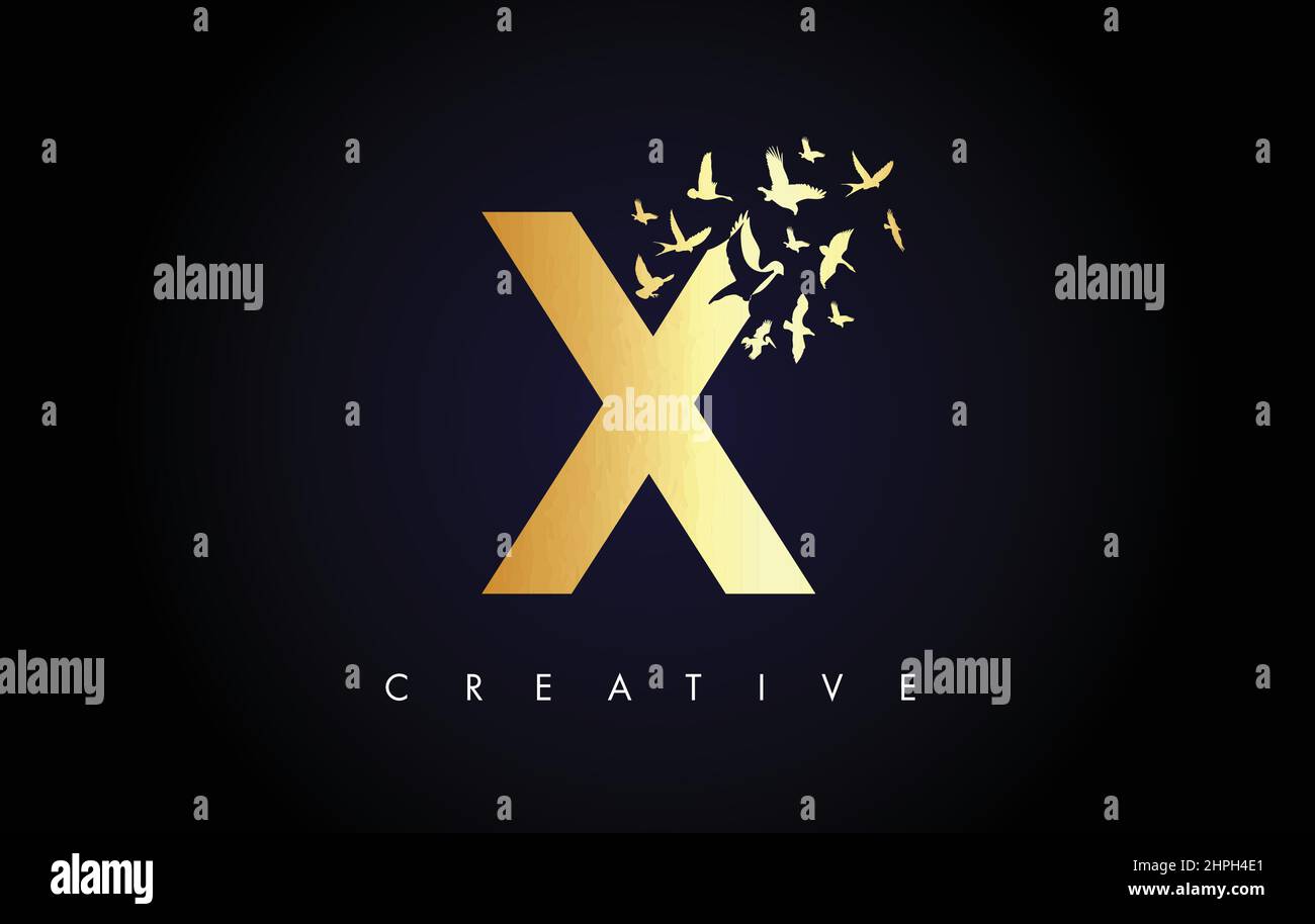 Golden X Logo Letter with Flying Flock of Birds Disintegrating from the