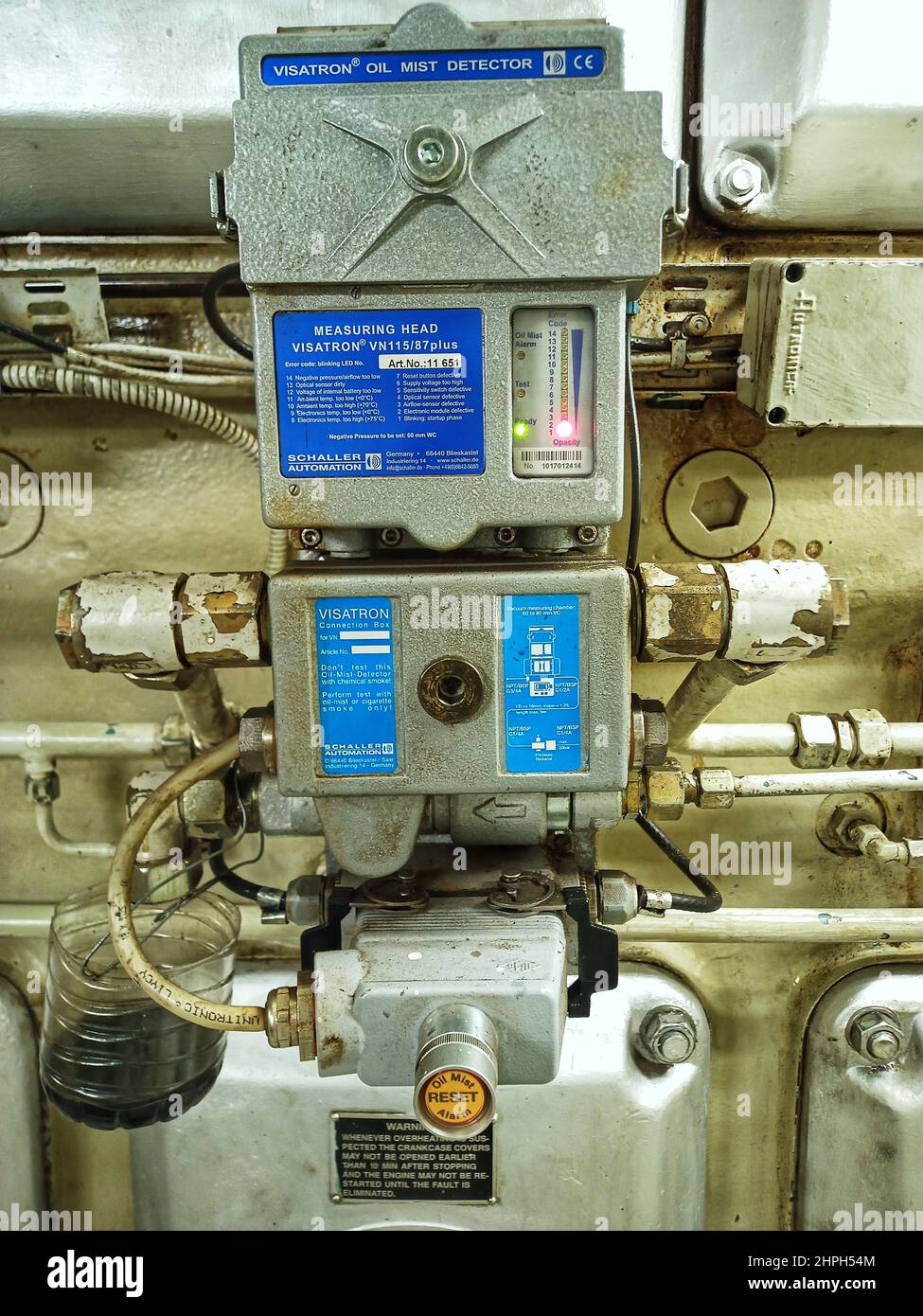 oil mist detector of engine,OMD of marine engine,oil mist protection of marine engine system,engine protection system Stock Photo