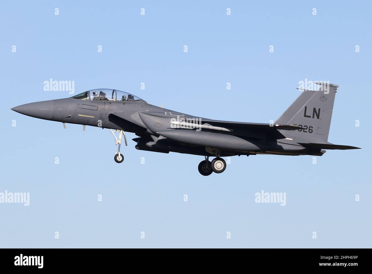 F-15E from the assigned 48th Fighter Wing landing at RAF Lakenheath, Suffolk. Stock Photo