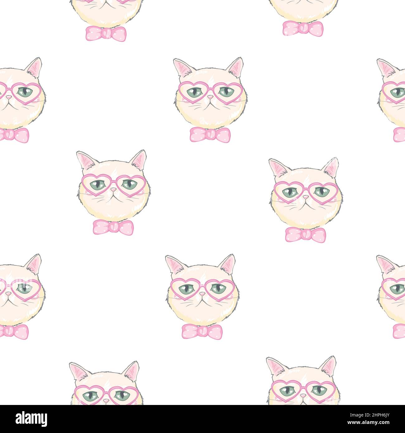 Seamless Pattern of Cute Cartoon Cat Design on a white background Stock ...