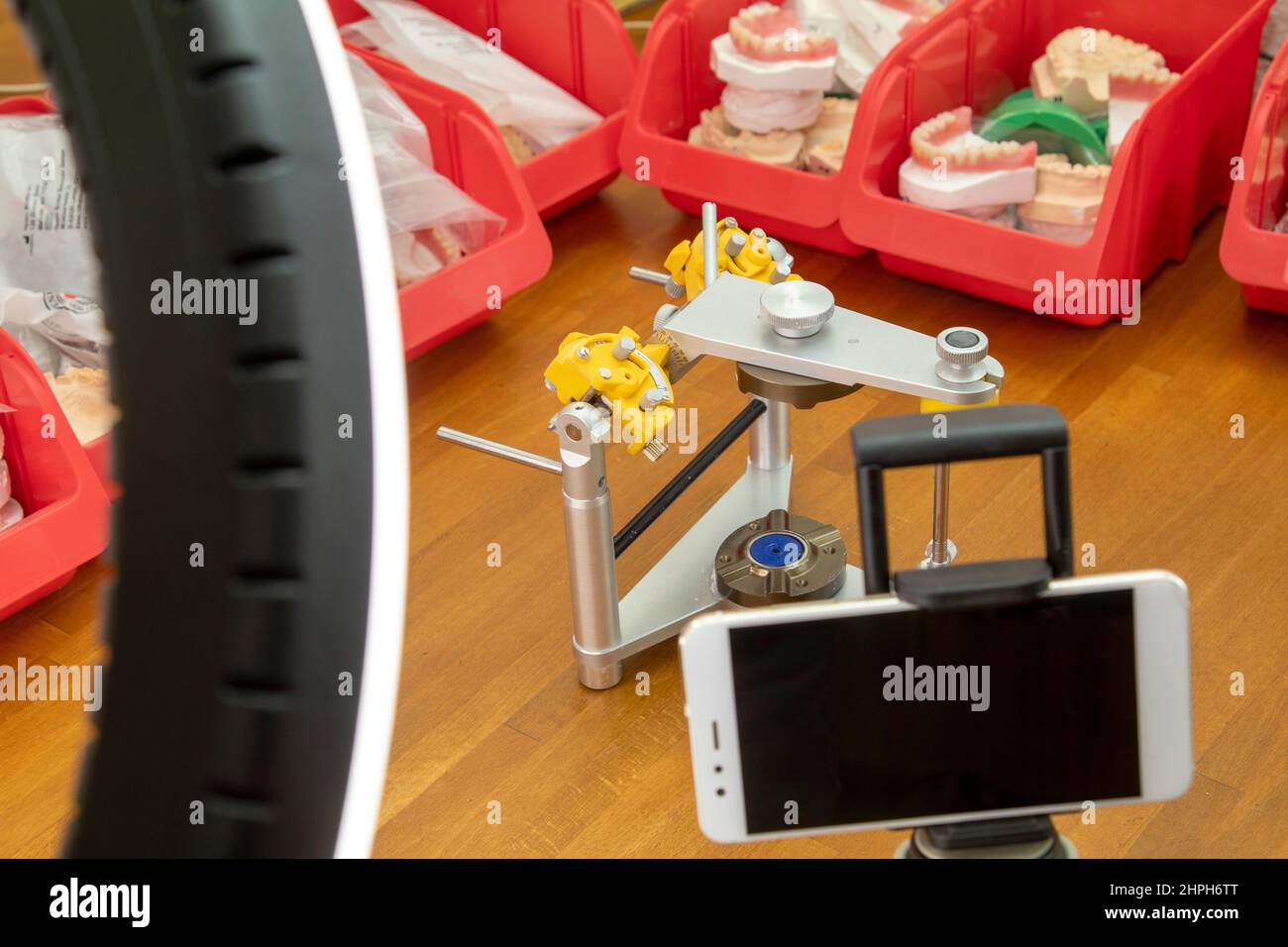 dental technology online video conference with articulator Stock Photo