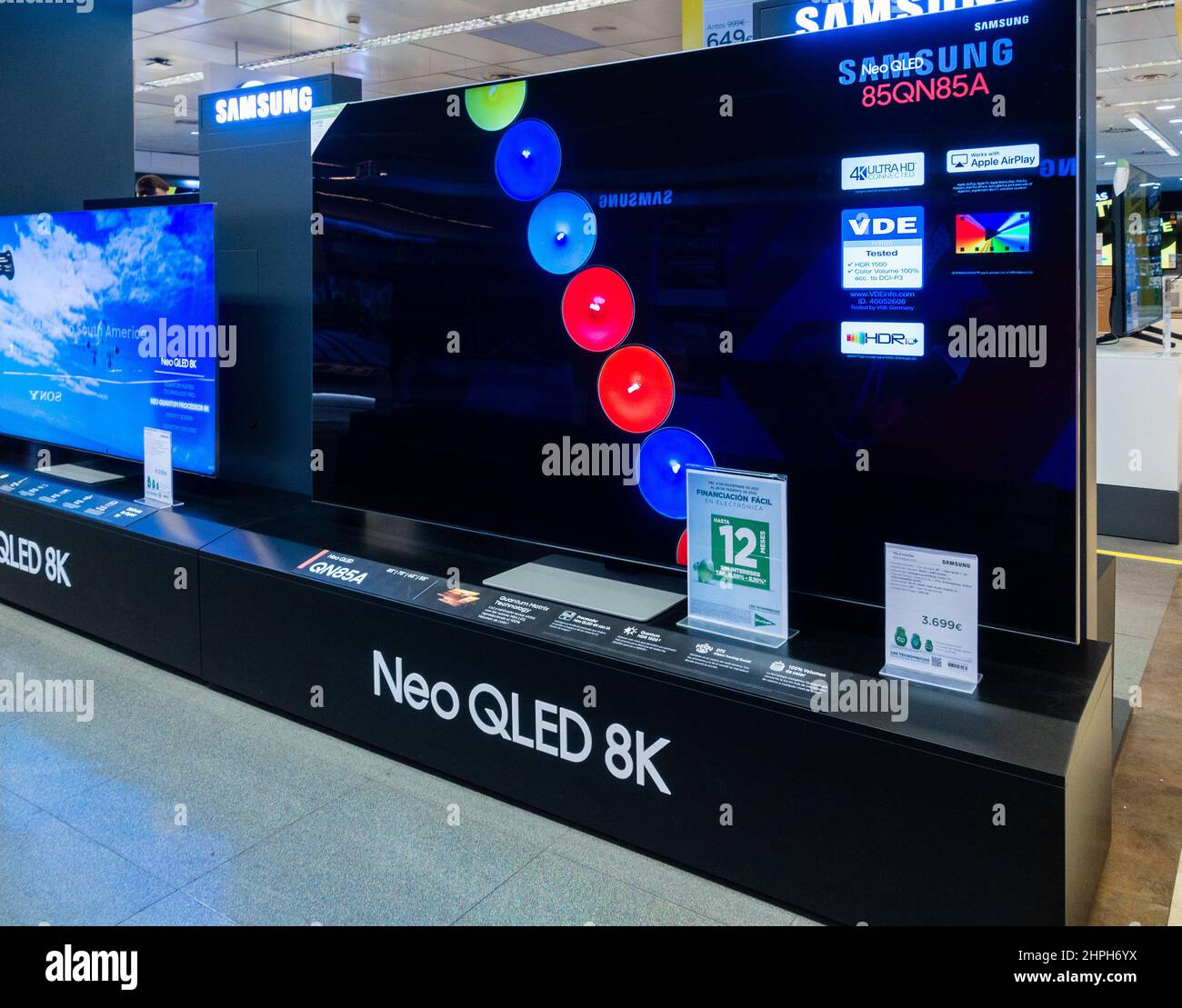 Samsung High definition Neo QLED 8K television, TV screen in store. Stock Photo