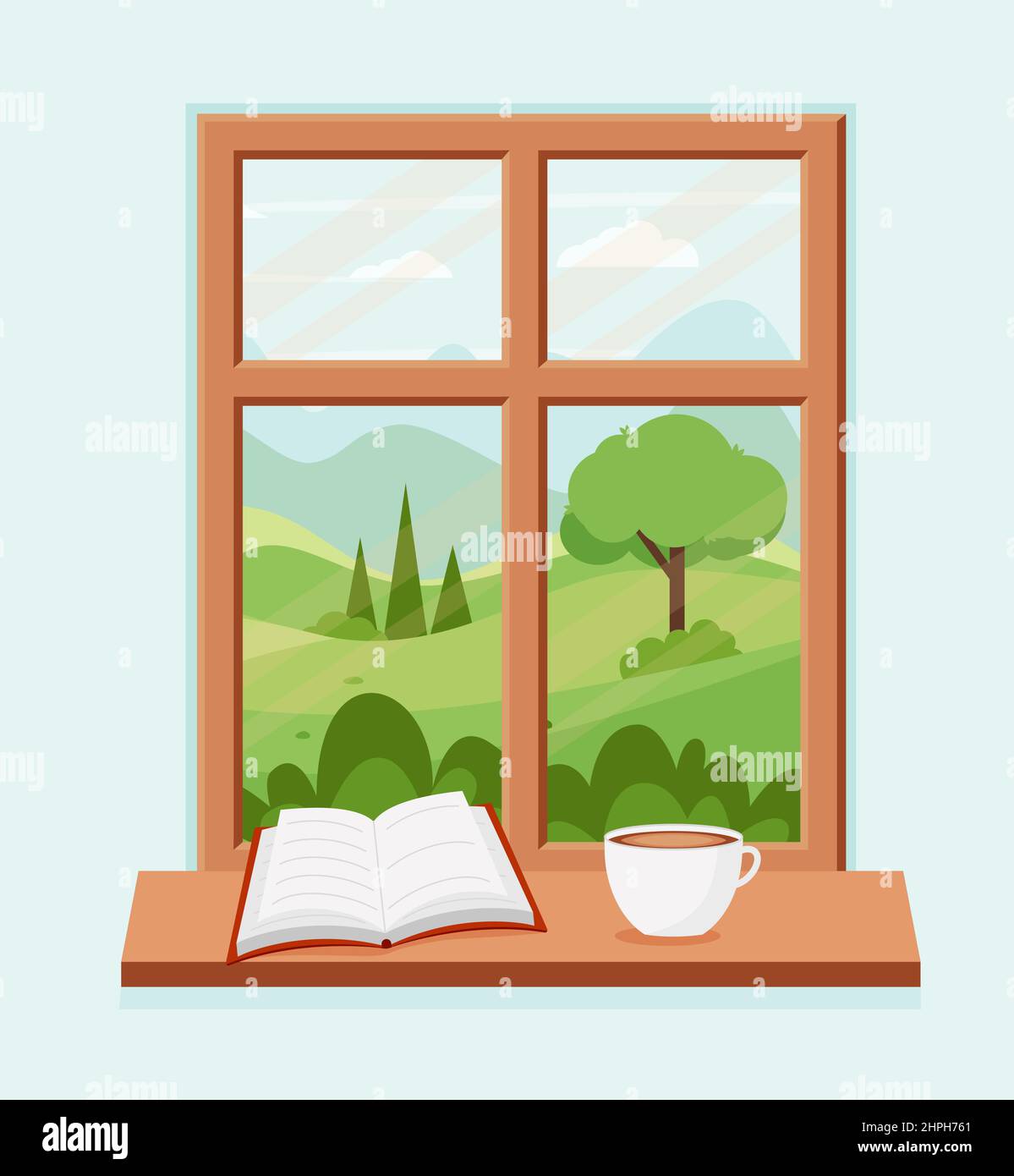 Spring window with landscape with a book and a coffee cup on the sill. Vector illustration in flat style EPS 10 Stock Vector