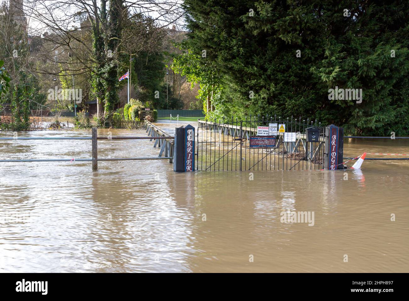 Entrance to Bridgnorth Bowling Club with high flood water in Bridgnorth after Storm Franklin and Eunice hit the Shropshire town Stock Photo