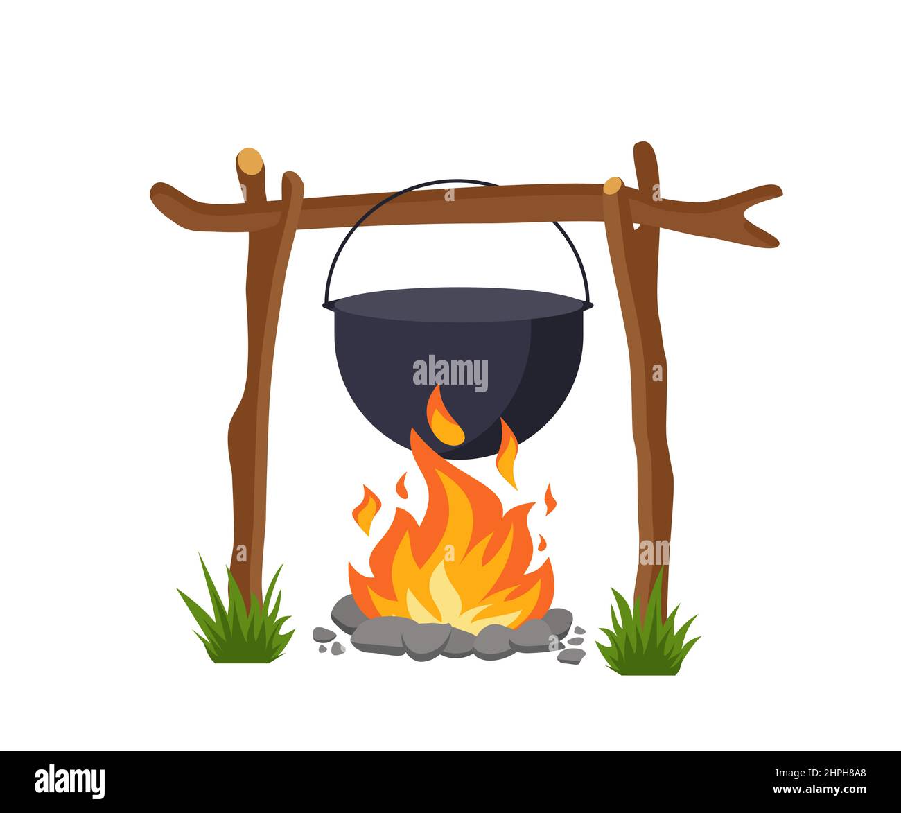 Cauldron over campfire for outdoor cooking isolated on white background. Vector illustration in a flat style. Eps 10 Stock Vector