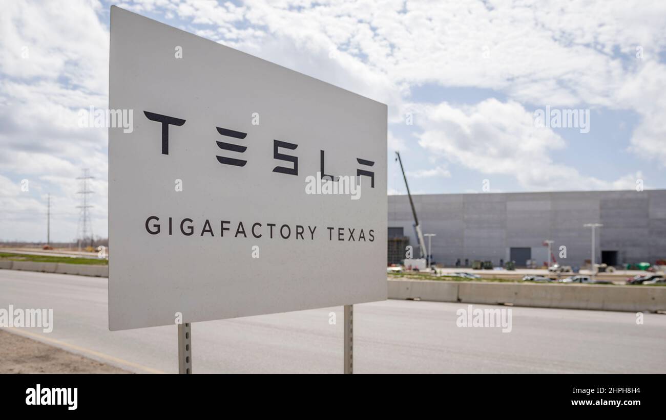Austin, Texas - February 21, 2022: Tesla Gigafactory Texas EV auto manufacturing plant production facility Stock Photo