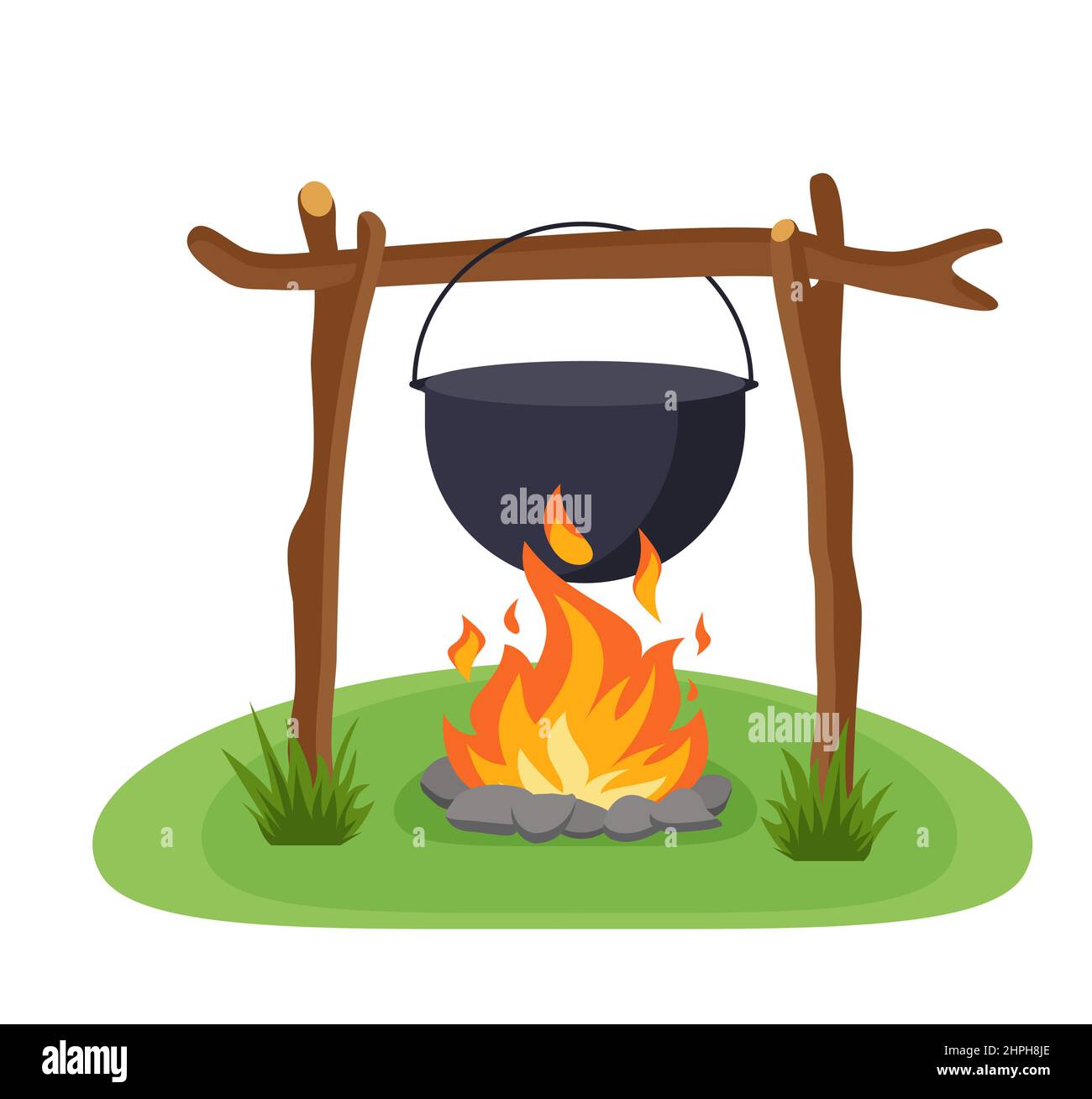 Cauldron over campfire for outdoor cooking isolated on white background. Vector illustration in a flat style. Eps 10 Stock Vector