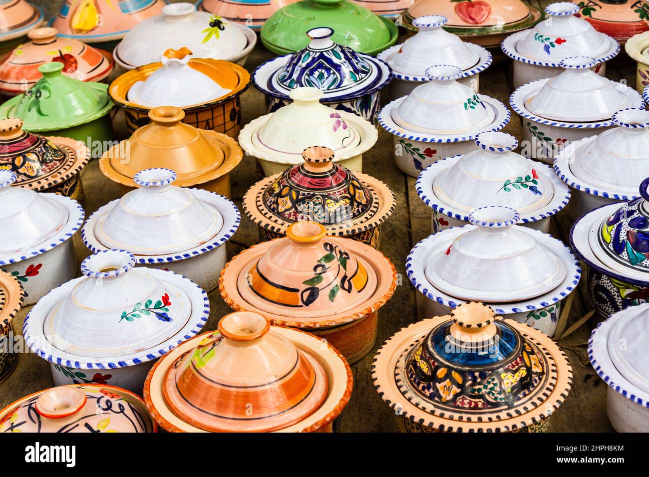 Colorful ceramic tagines dishes for sale. Typical traditional Moroccan