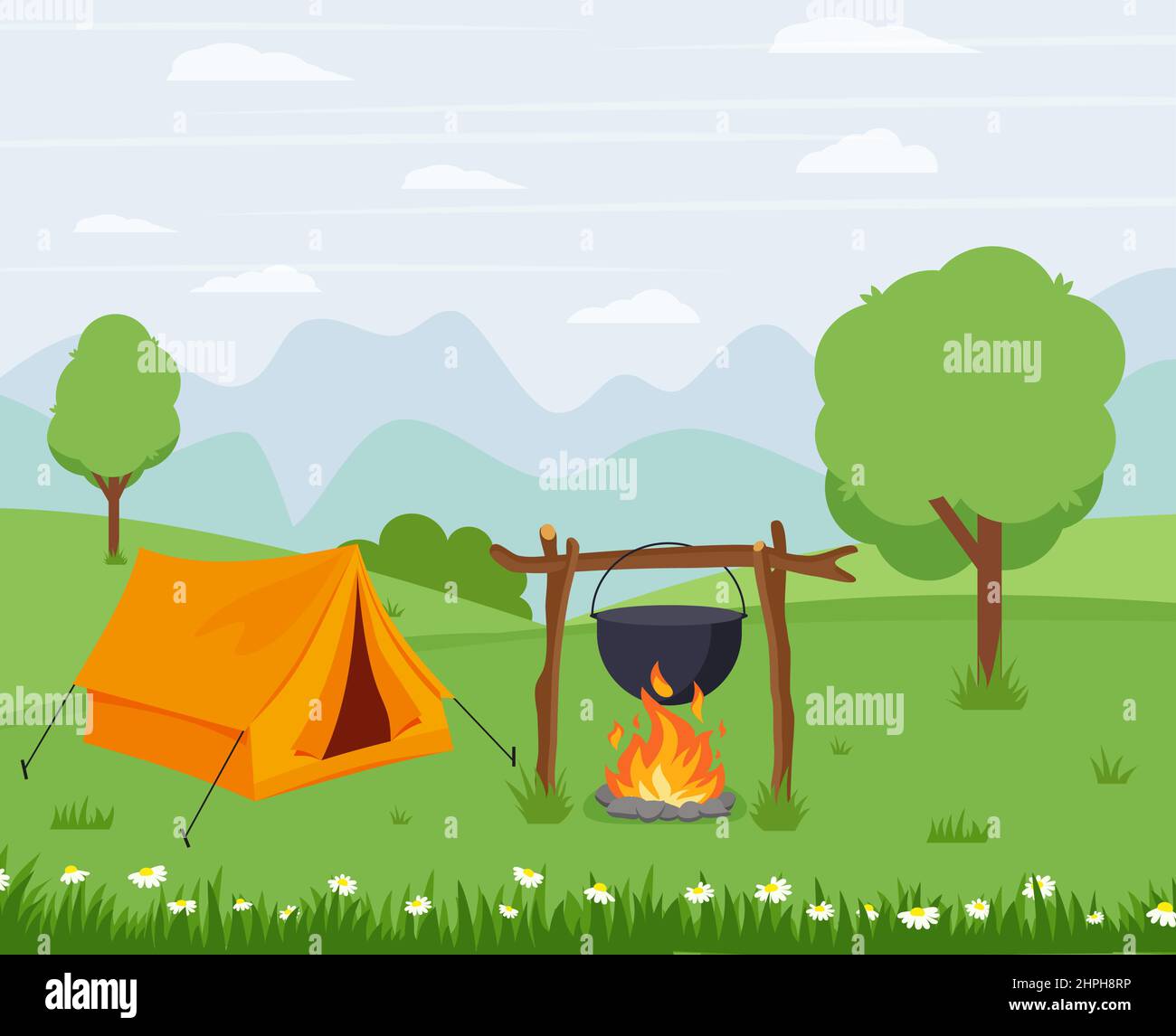 Camping with a tent in nature with a fire. Vector illustration in flat style. Eps 10 Stock Vector