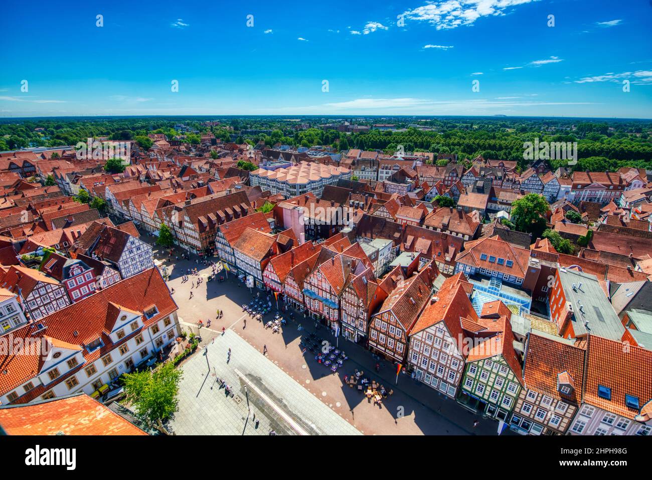 Celle, Germany - July 18, 2016: Aerial view of medieval city streets on a summer day Stock Photo