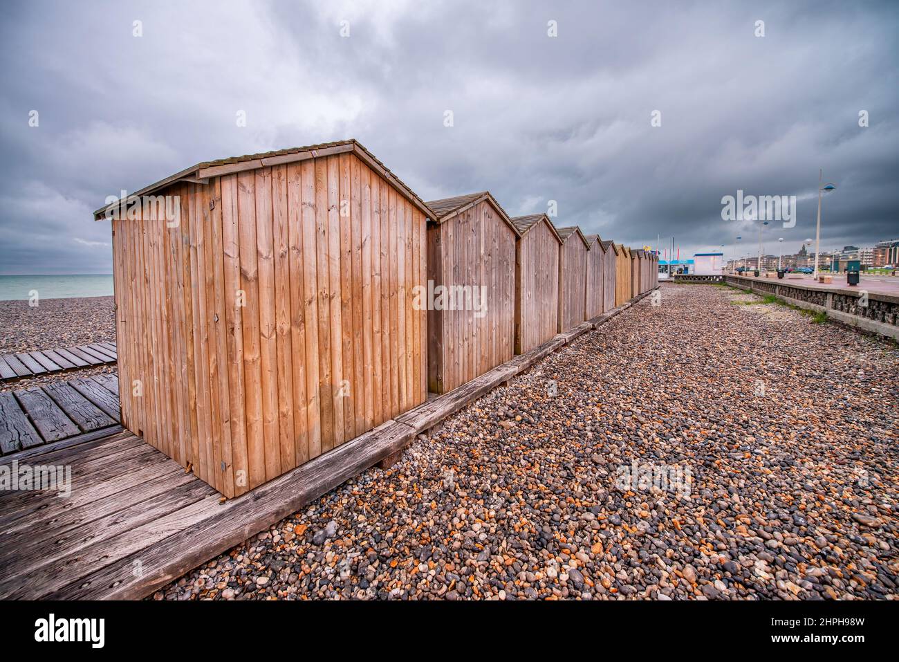 Beautiful wooden cabins on the shore of Dieppe, Normandy Stock Photo