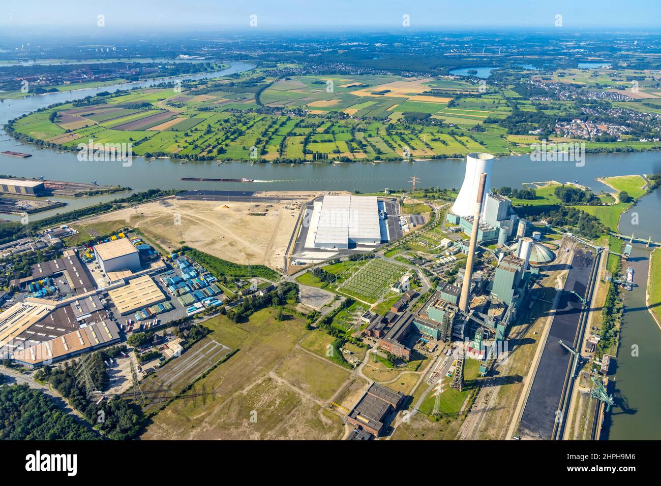 Aerial view, logport VI at the STEAG cogeneration plant Walsum and development for logistics companies and new warehouses in the district Alt-Walsum i Stock Photo