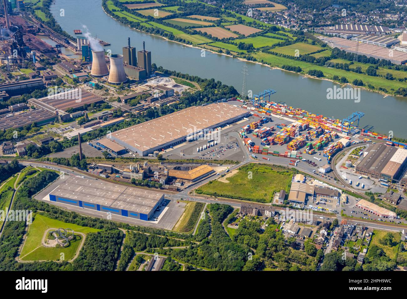 Aerial photograph, logport II, Rhein-Ruhr Terminal Company and new logistics hall at the foot of Tiger & Turtle, River Rhine, Wanheim-Angerhausen, Dui Stock Photo