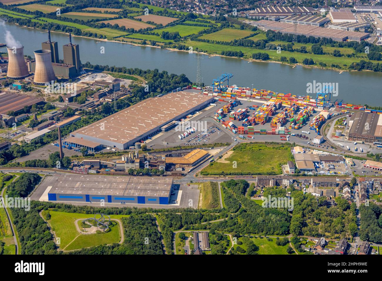 Aerial photograph, logport II, Rhein-Ruhr Terminal Company and new logistics hall at the foot of Tiger & Turtle, River Rhine, Wanheim-Angerhausen, Dui Stock Photo