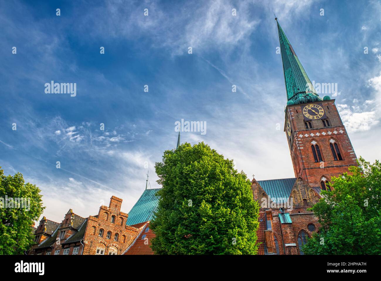 Tower of St Jacobs church in the historical city of Lubeck, Germany Stock Photo