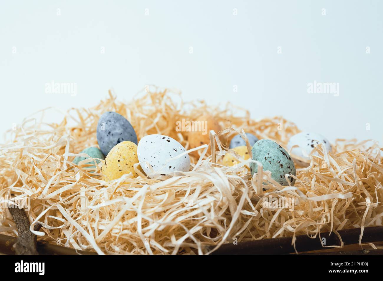 Easter background with blue, white, yellow eggs in nest. Small nest with eggs. Minimal easter composition with easter eggs. empty space, copyspace Stock Photo