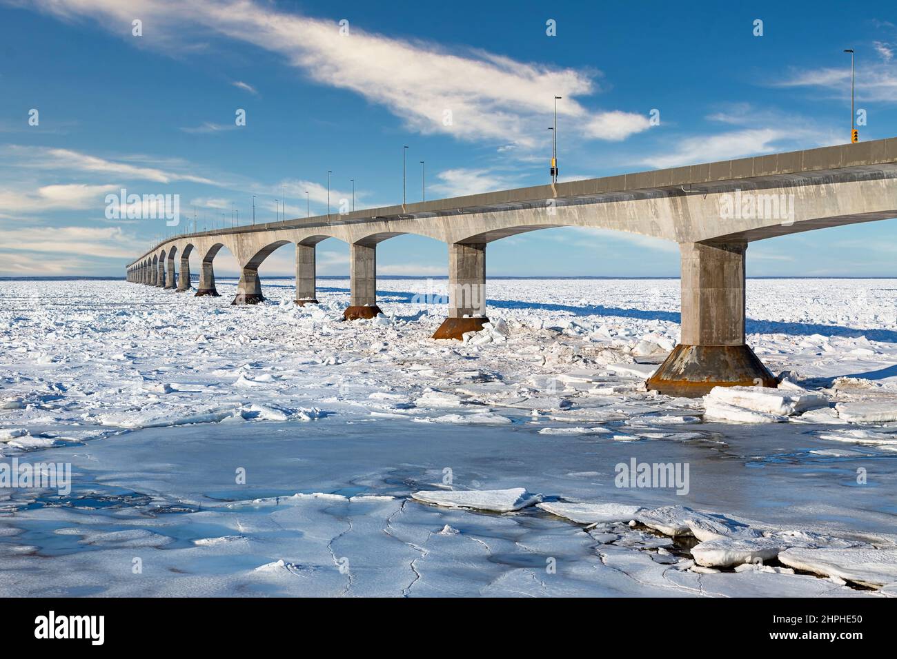 The Confederation Bridge in winter linking Prince Edward Island and mainland New Brunswick, Canada. Viewed form the Borden, Prince Edward Island. Stock Photo