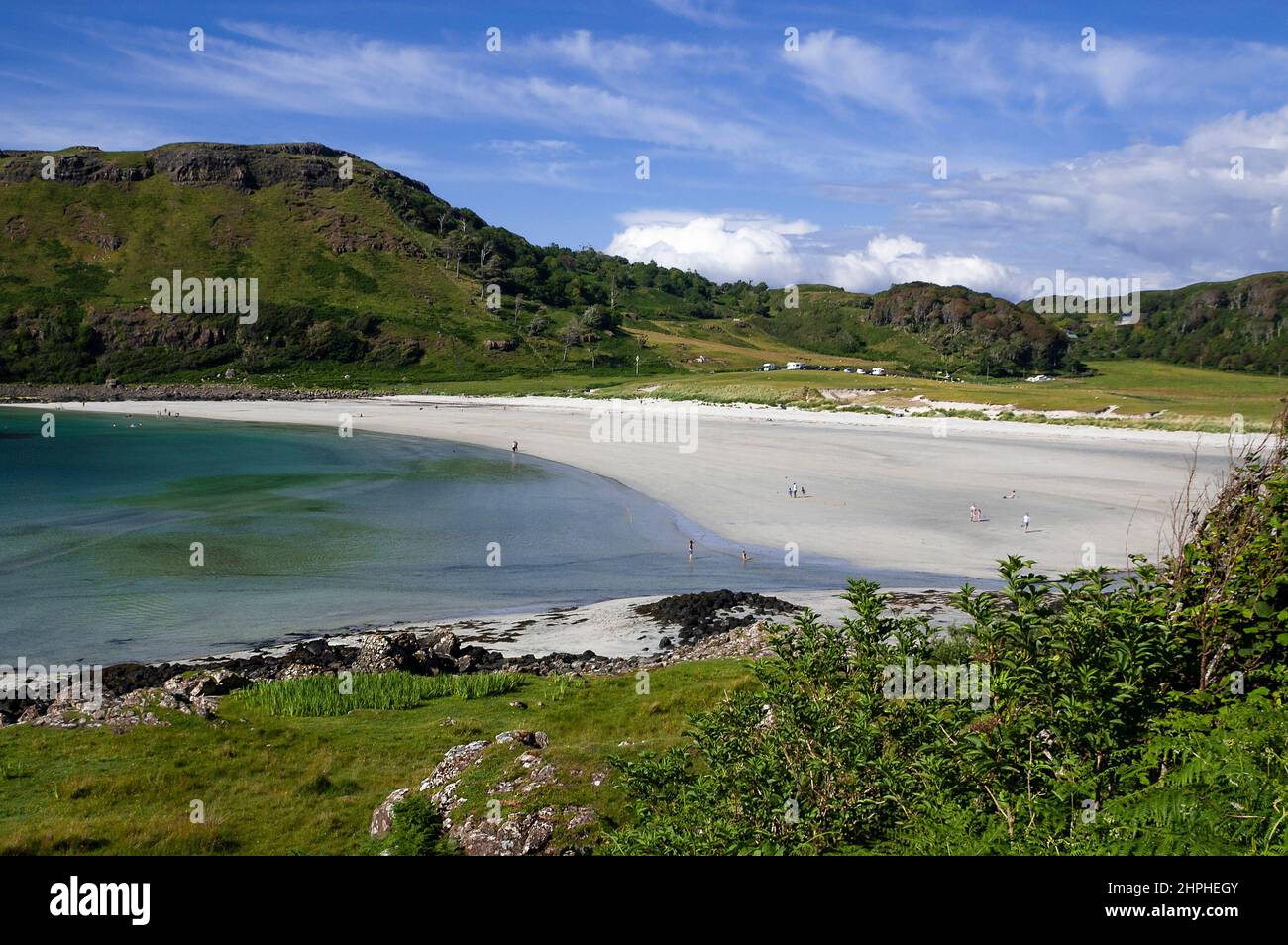 The stunning white sand beach at Calgary Bay on the Isle of Mull with  Calgary Bay Wild Camping in the background,Inner Hebrides, Scotland, UK Stock Photo
