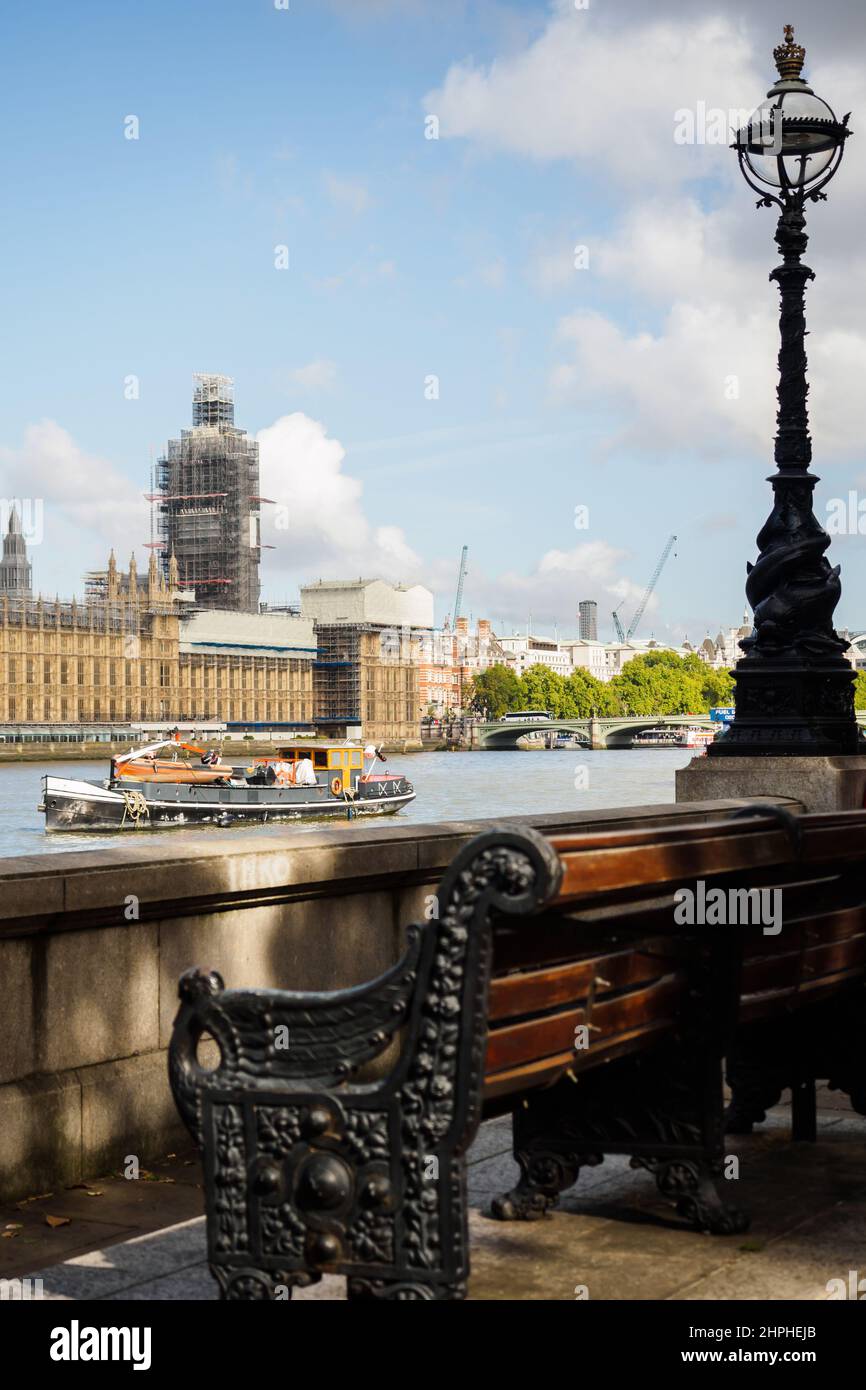 London, UK - September 13, 2019 : Big Ben in work from the Thames river quays in London Stock Photo