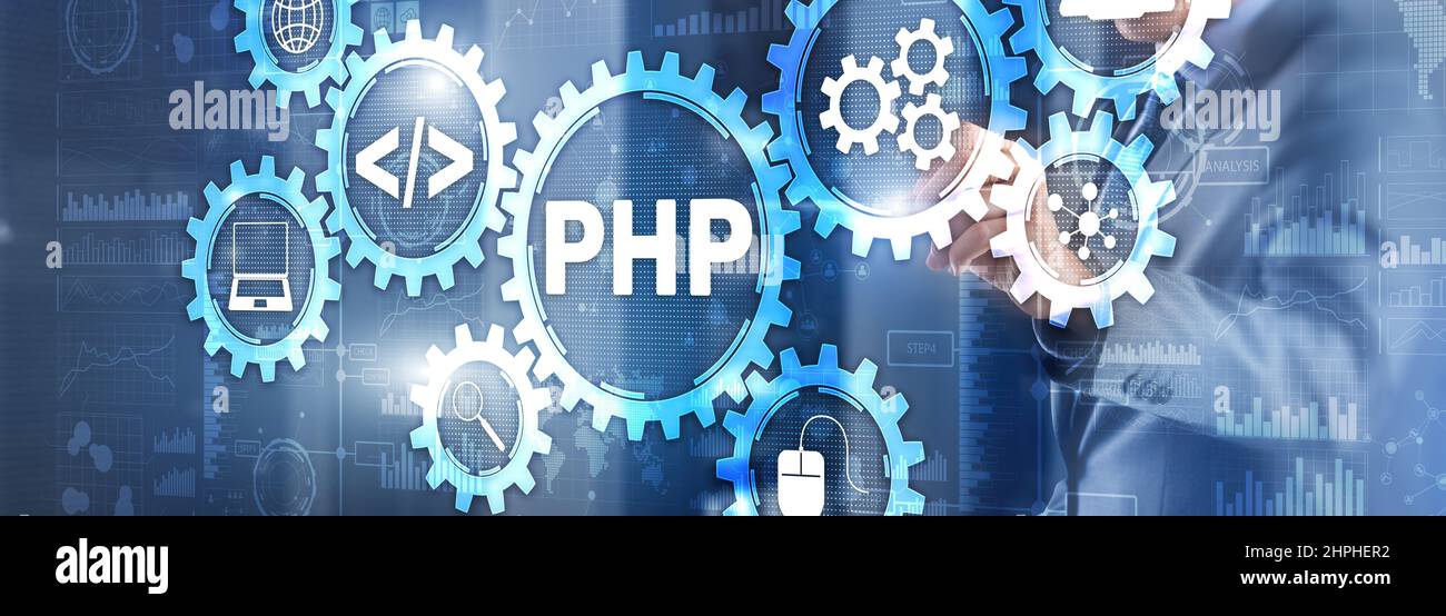 PHP coding Concept. Programmer search. Technology Background. Stock Photo