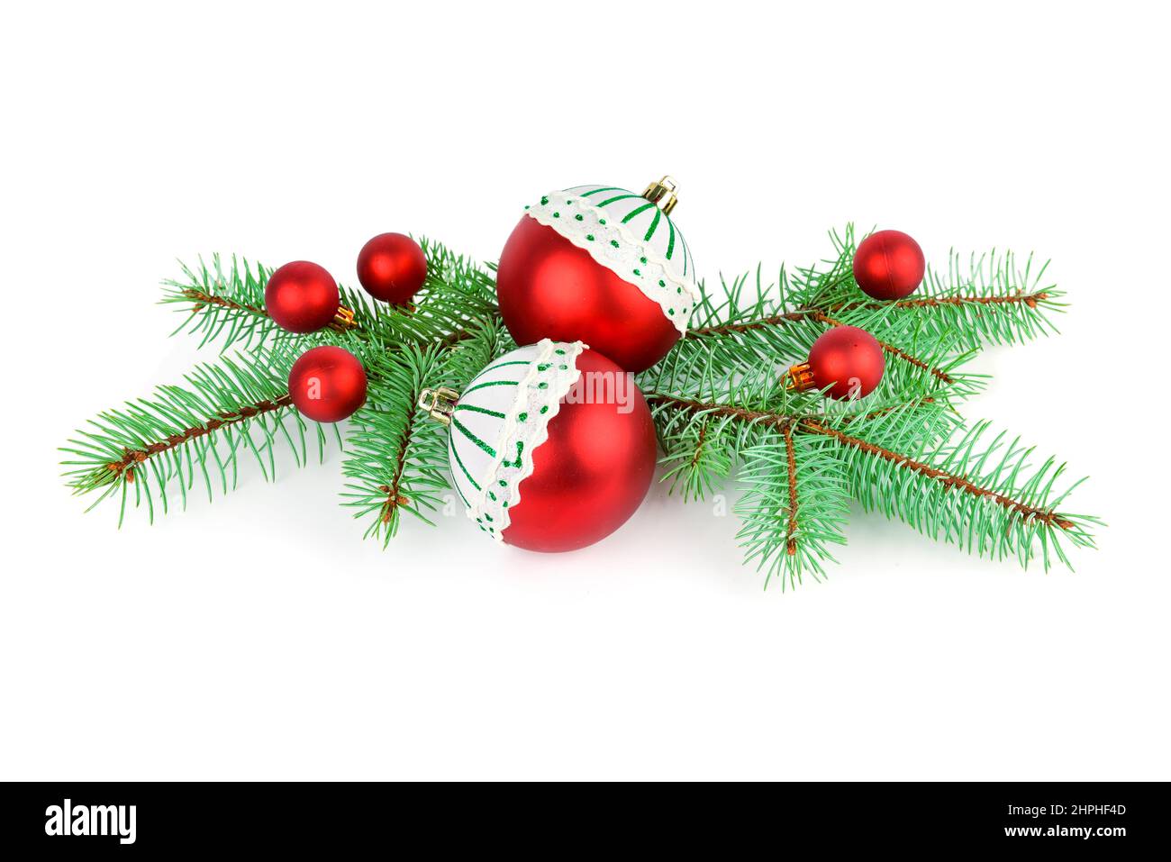 Christmas decoration baubles with branches of fir tree on white ...