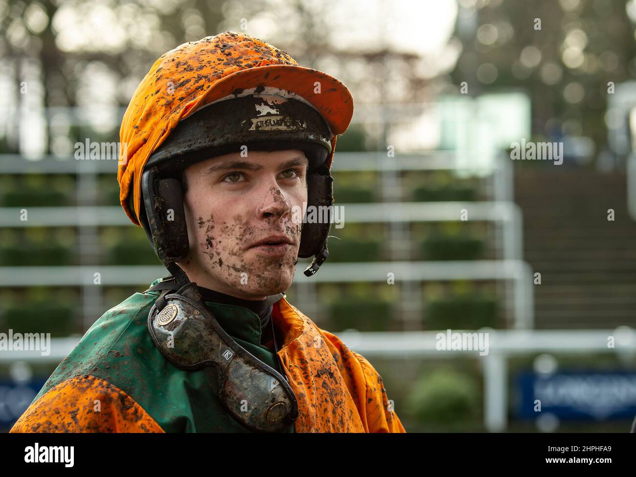 Ascot, Berkshire, UK. 19th February, 2022. Jockey Hugh Nugent winner of The GreatBritishStallion-Showcase.co.uk Swinley Chase (A Limited Handicap) (Class 1) (Listed Race) (GBB Race) on horse Fortescue. Owner and Trainer Mr T F F Nixon. Credit: Maureen McLean/Alamy Stock Photo