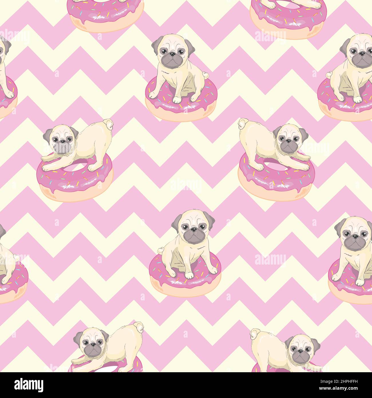 Pink seamless pattern with funny pug and donut. Pug dog cartoon  illustration. Cute friendly fat chubby fawn sitting pug puppy, smiling with  tongue out Stock Vector Image & Art - Alamy