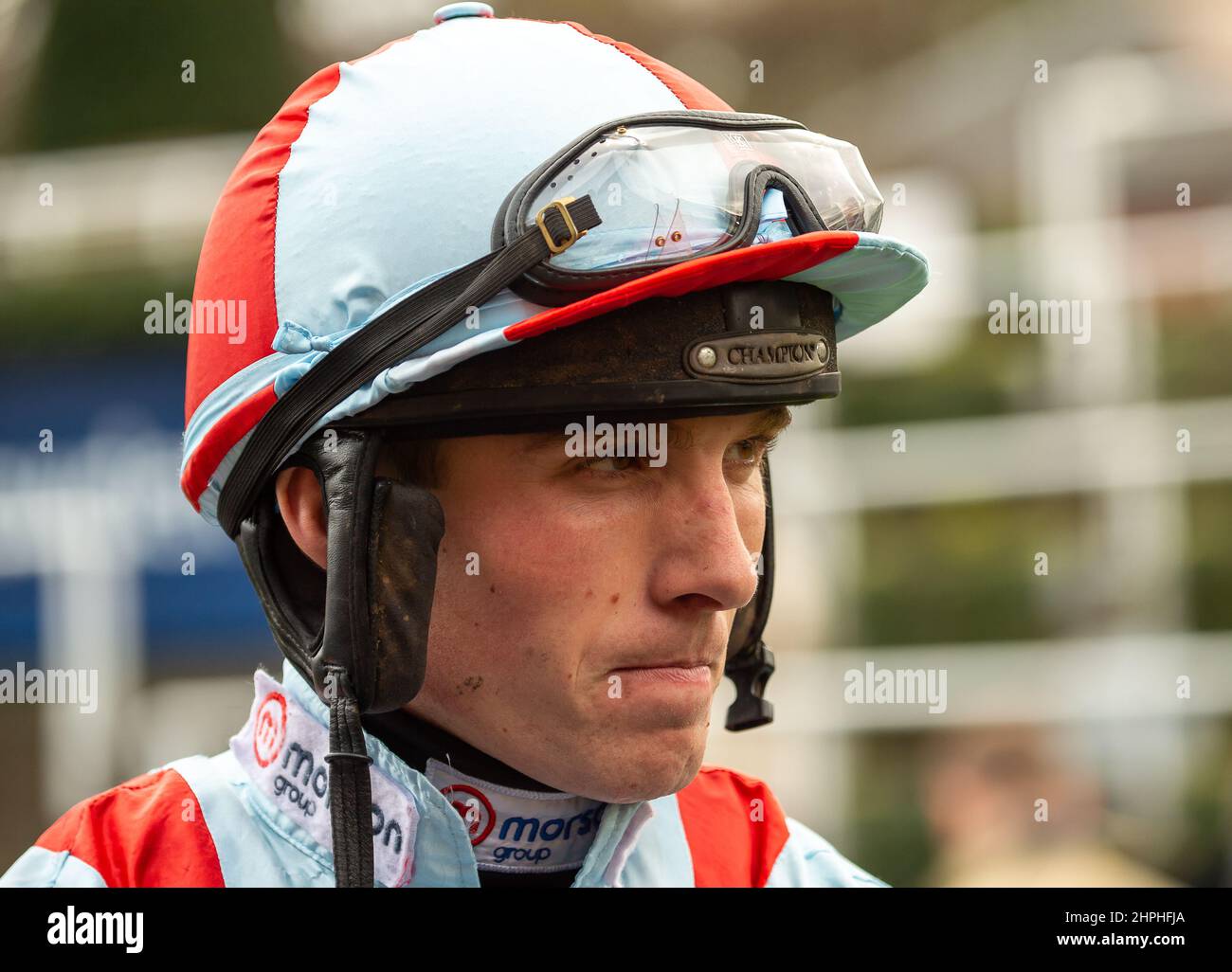 Ascot, Berkshire, UK. 19th February, 2022. Jockey Harry Cobden in the Parade Ring before racing in the Betfair Ascot Steeple Chase at Ascot Racecourse. Credit: Maureen McLean/Alamy Stock Photo