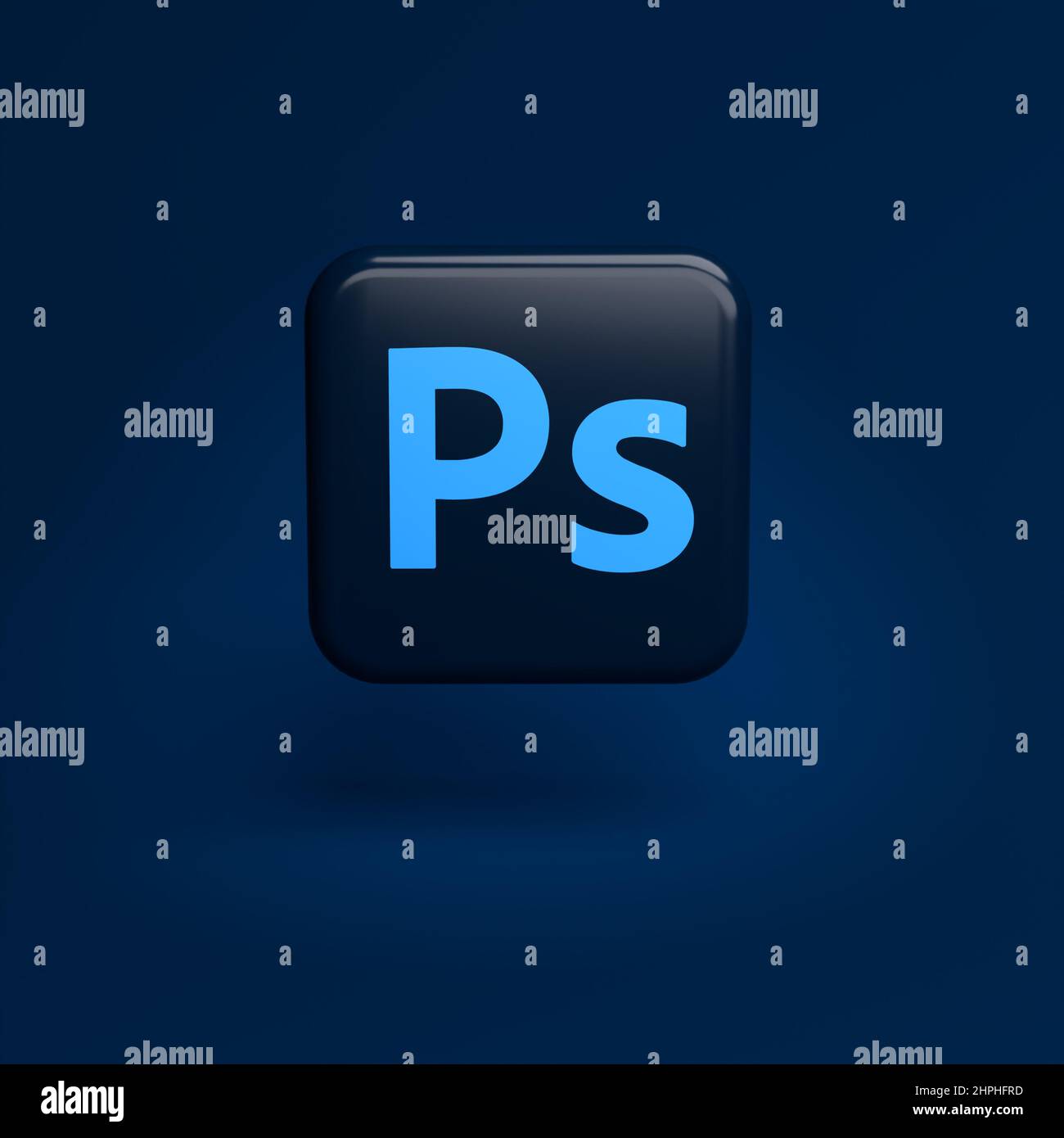 Logo of the photo and image editing software program Adobe Photoshop - major part of the Creative Cloud Apps Suite on a tile hovering over a seamless Stock Photo