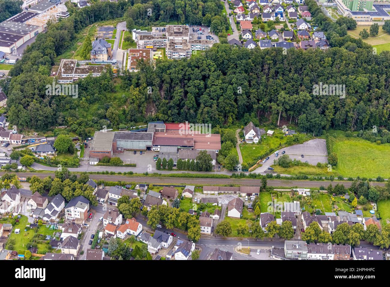 Aerial view, Frömag Machines Factory GmbH and Schmallenbach House Senior Citizens' Residence in Fröndenberg/Ruhr, Ruhr Area, North Rhine-Westphalia, G Stock Photo