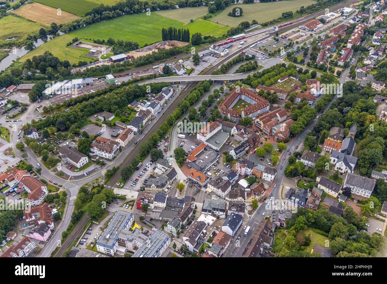 Aerial view, Bruayplatz reconstruction and redesigned market place in Fröndenberg, Fröndenberg railway station, Fröndenberg/Ruhr, Ruhr area, North Rhi Stock Photo